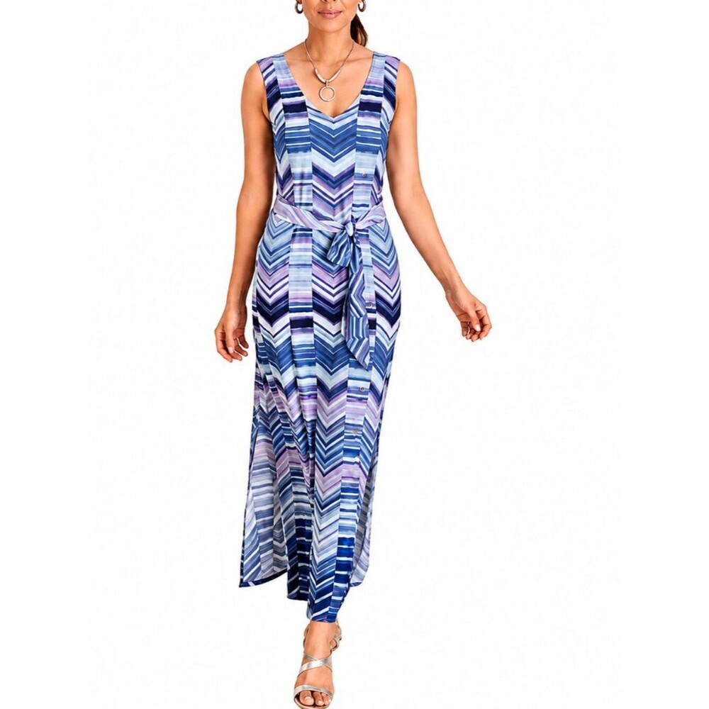Chico's Cool-Toned Chevron Striped Maxi Dress Size 1 (8) Like New